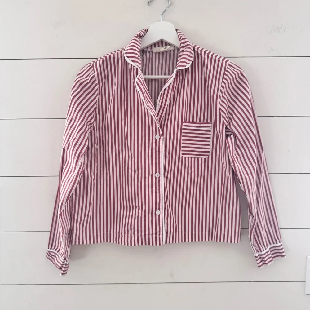 Happily Grey Striped Long Sleeve Button Up Cotton Pajama Set Sz Small
